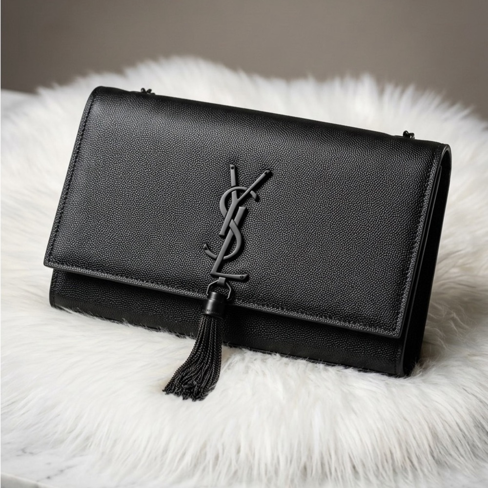 Saint Laurent Black Leather Tassel Monogram Clutch